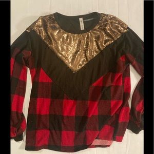 Squared up red Buffalo check sequin shirt large